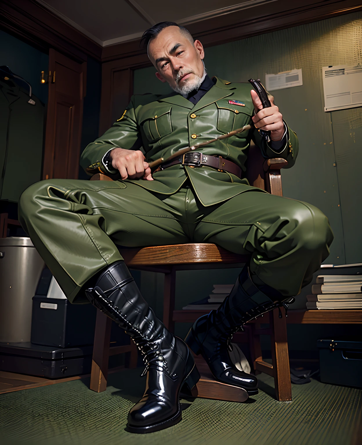 The man wears a pair of camouflage riding boots on his legs, Wear riding boots,breeches, Army green blazer, Jacket and boots,Camouflage uniform breeches and riding boots, Wear camouflage boots,Cool shoes, massive boots, wearing kneesocks,, Wear uniform formal attire, Wear camouflage clothing,Army green tie,Army green back,Back head,Black color hair,largeeyes,Leather whip in hand,tom of finland style,Wearing riding boots