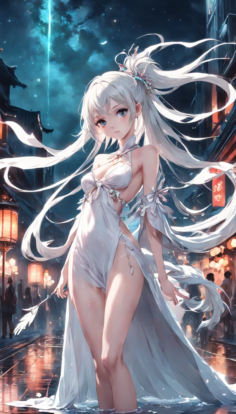 (best qualityer,tmasterpiece), beautiful girl, beautiful goddess woman, Sexy goddess, Spades, white crane, The right hand, A long, floating dress, Slender legs Silver hair, Press the bar, Tied ponytail, Beautiful hair accessories, detailed scene, the night, starrysky, cold light, Take the keys, (in pink, white colors, cyan colors), ((Side Body)), ((The upper part of the body)), ((Realistic))
