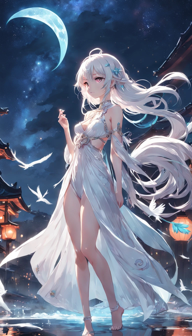 (best qualityer，tmasterpiece), beautiful  girl, beautiful goddess woman, Sexy goddess, Spades, white crane, The right hand, A long, floating dress, Slender legs Silver hair, Press the bar, Tied ponytail,  Beautiful hair accessories, detailed scene, the night, starrysky, cold light, Take the keys, (in pink, white colors, cyan colors), ((Side Body)), ((The upper part of the body)), ((Realistic))