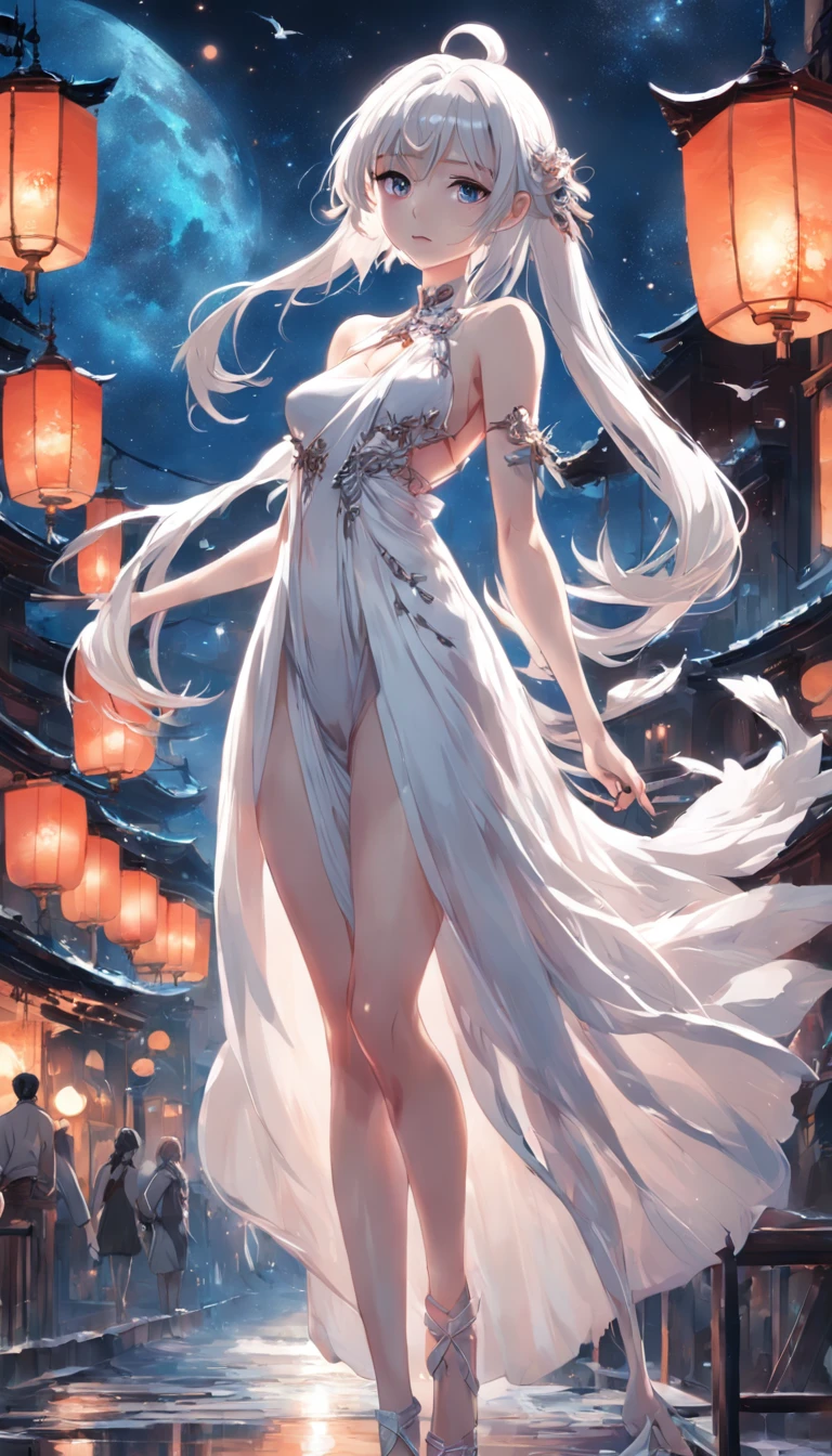 (best qualityer,tmasterpiece), beautiful girl, beautiful goddess woman, Sexy goddess, Spades, white crane, The right hand, A long, floating dress, Slender legs Silver hair, Press the bar, Tied ponytail, Beautiful hair accessories, detailed scene, the night, starrysky, cold light, Take the keys, (in pink, white colors, cyan colors), ((Side Body)), ((The upper part of the body)), ((Realistic))