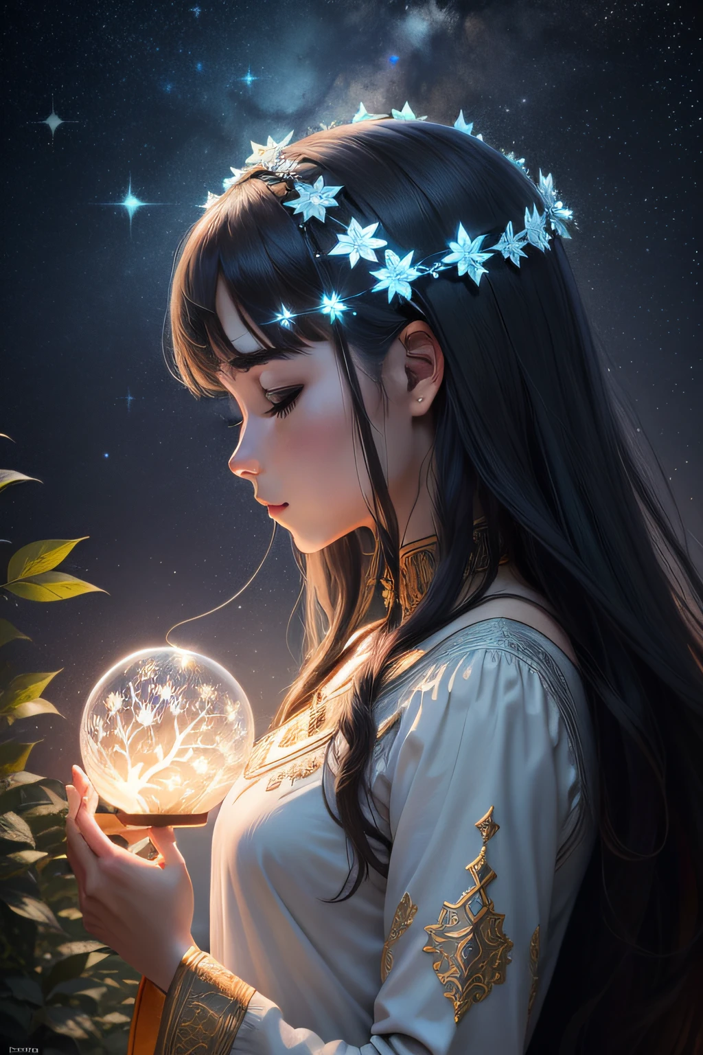 Profile picture displays an imposing tree, its branches stretching out into a bright starry sky. Each leaf of the tree carries sacred symbols from varied spiritual traditions, representando diferentes facetas da jornada espiritual. The canopy of the tree merges artistically with the starry sky, enquanto um riacho abaixo reflete as estrelas, conveying a sense of serenity and duality. This image suggests a deep connection between the earthly world and the divine, convidando os espectadores a explorarem a busca conjunta por sabedoria e espiritualidade na tranquilidade da natureza.