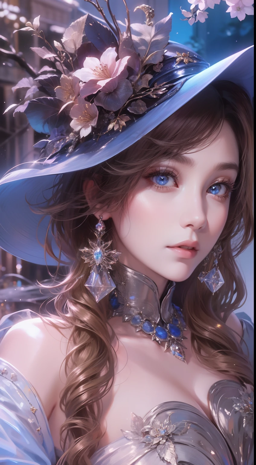 tmasterpiece,Highest high resolution,((magic orb)),Dynamic bust of beautiful aristocratic maiden,Brown chestnut hair elegantly coiled,((Wearing a huge blue hat)),Purple clear eyes,The hair is covered with beautiful and delicate floral craftsmanship, Crystal jewelry filigree,Ultra-detailed details,upscaled,Earth Ascension。