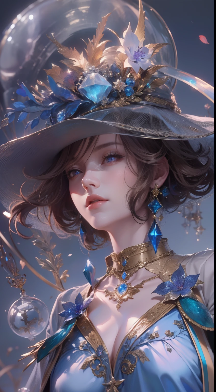 tmasterpiece,Highest high resolution,((magic orb)),Dynamic bust of beautiful aristocratic maiden,Brown chestnut hair elegantly coiled,((Wearing a huge blue hat)),Purple clear eyes,The hair is covered with beautiful and delicate floral craftsmanship, Crystal jewelry filigree,Ultra-detailed details,upscaled,Earth Ascension。