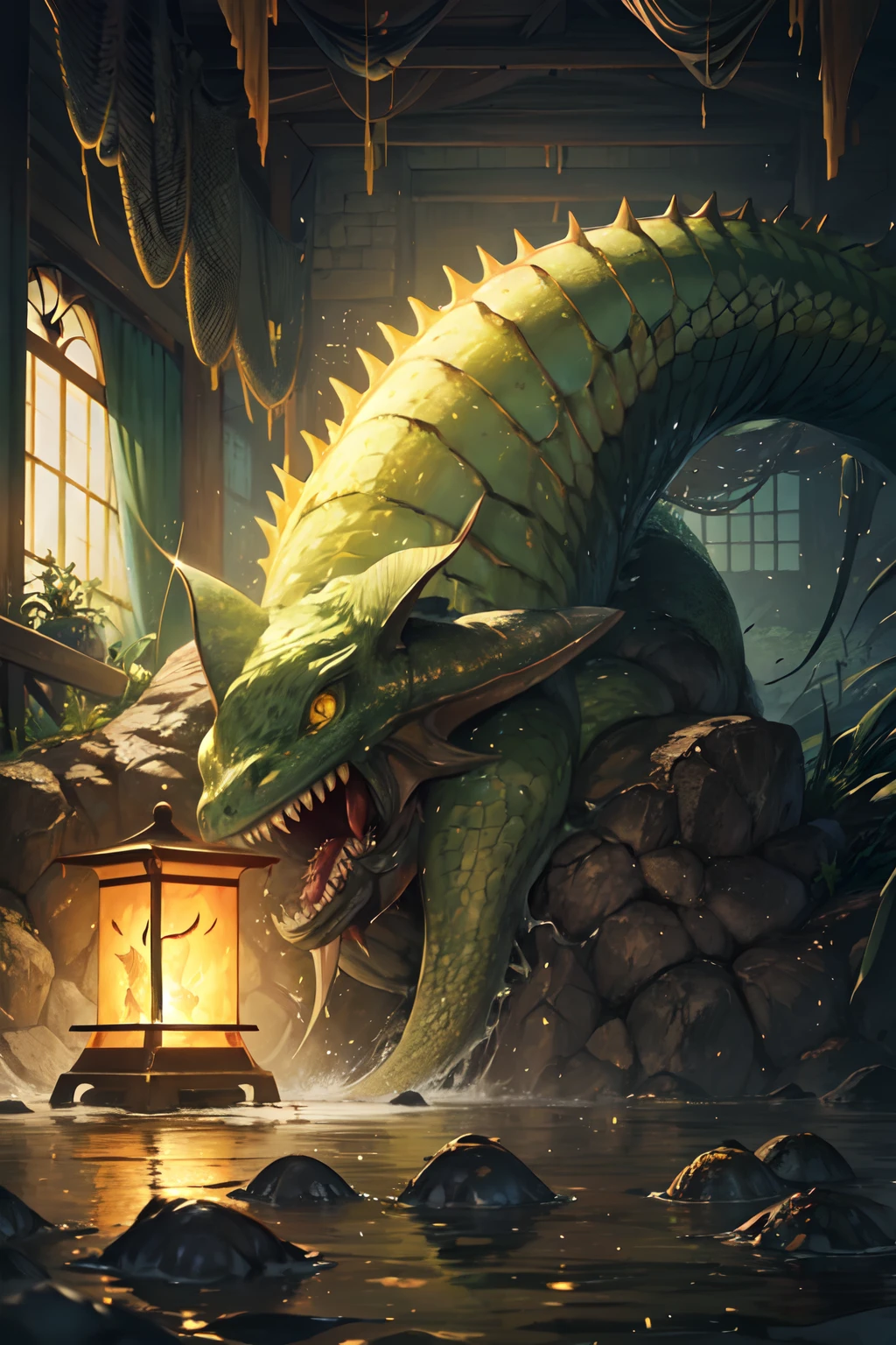 真实感,Super detail, ccurate, Best quality, Masterpiece, Super detail, High details, abyssal,terroral,Yellow,Swamp monsters,amarelo,MuCoi,Cthulhu,,Biochemical fish,Animal characters,Resident Evil,The body is covered with many fins,Scarred,Polluted seawater
