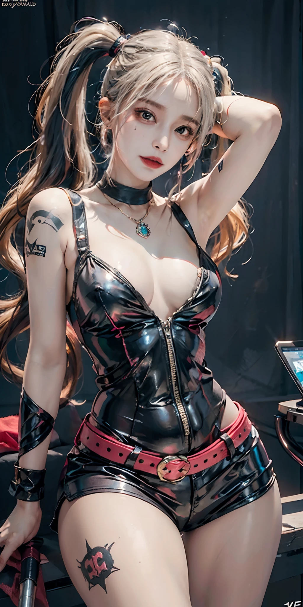 photorealistic, high resolution, soft light,1women, solo, hips up, (detailed face), jewelry, harley quinn costume, jewelry, tattoo