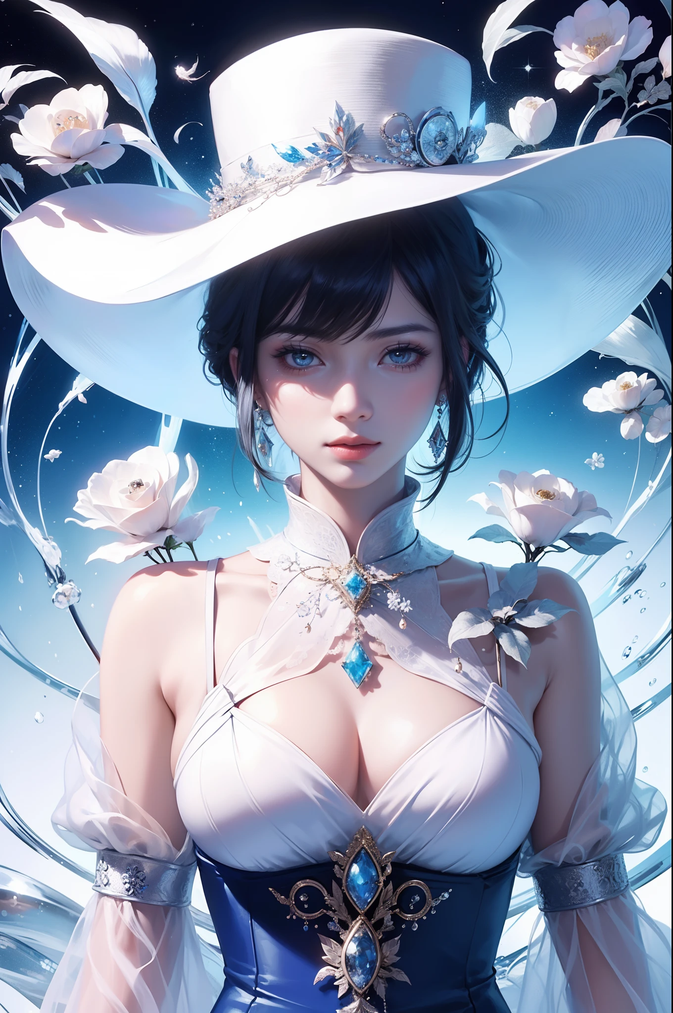 Gossip diagram,Yin and Yang Eyes,Taijitu,woman,Conservative attire,Poor milk,(Wearing a big hat),Blue crane,Wearing a blue and red and white princess dress,Close-up of upper body,Close-up photos,jewelery,Visions of heaven and earth,diamond,carp,The background is the Milky Way,solar system