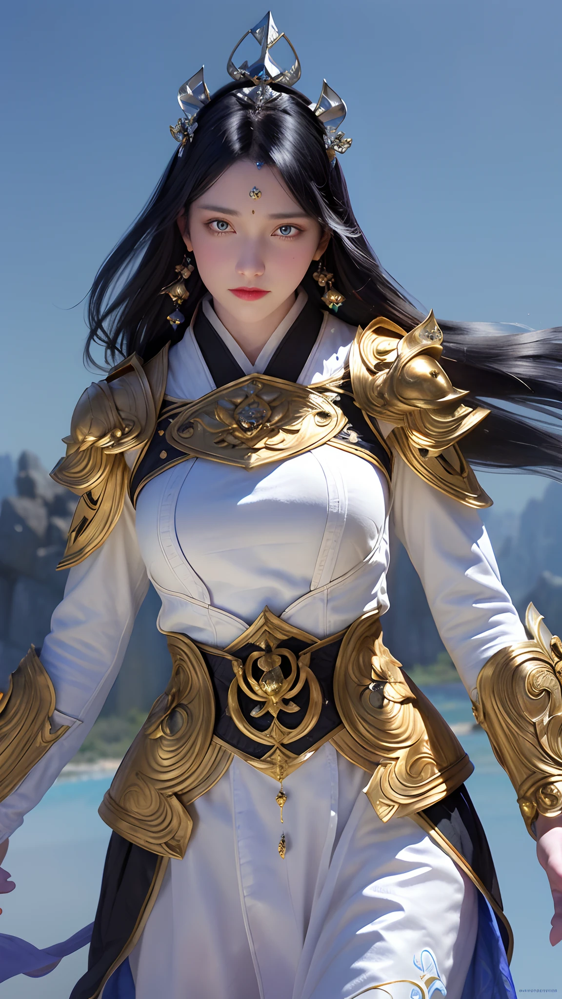 1girl, depth of field, official art, unity 8k wallpaper, ultra detailed, illustration, beautiful and aesthetic, masterpiece, best quality, knight, (big breasts), (milf, mature female), (black armor, armor, breastplate), beautiful face, (long hair, black hair, very straight hair:1.4, hime cut:1.4), blue eyes, cowboy shot, glowing skin, back lighting, athletic figure, muscular female, curvy, wide hips, colorful, looking at viewer, Hyperrealistic, gradient background, dark background, outline, fantasy, from the front, watercolor, traditional media, (chromatic aberration, intricate details)