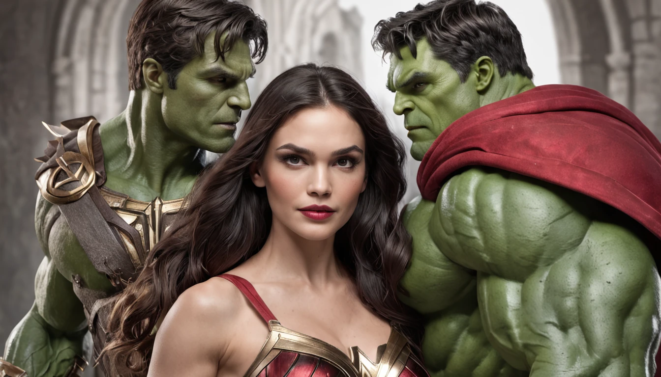 /imagine prompt: The Incredible Hulk and Wonder Woman's Wedding, the two towering figures stand under a grand floral arch, Hulk's green skin contrasting with Wonder Woman's vibrant armor, surrounded by a lush garden filled with mythical creatures, radiating an atmosphere of love and celebration, Illustration, watercolor and ink on paper,