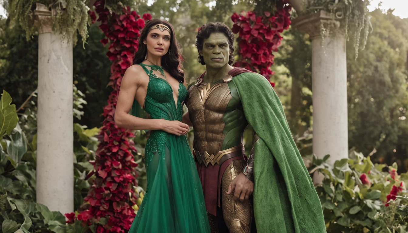 /imagine prompt: The Incredible Hulk and Wonder Woman's Wedding, the two towering figures stand under a grand floral arch, Hulk's green skin contrasting with Wonder Woman's vibrant armor, surrounded by a lush garden filled with mythical creatures, radiating an atmosphere of love and celebration, Illustration, watercolor and ink on paper,