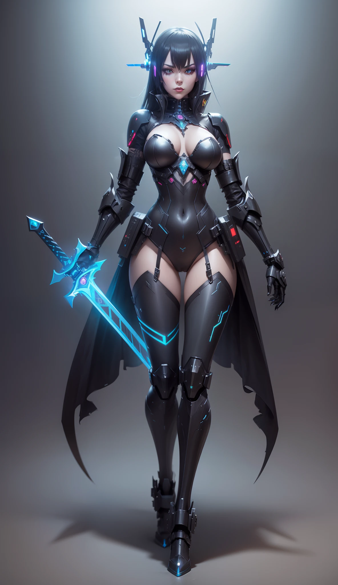 a close up of a person in a costume with a sword, holy cyborg necromancer girl, goth cybersuit, dominatrix assassin robot, full body concept, mechanized witch girl, katana zero video game character, cyberpunk anime girl mech, mechanized valkyrie girl, pale black armor, detailed full body concept art, full body concept art