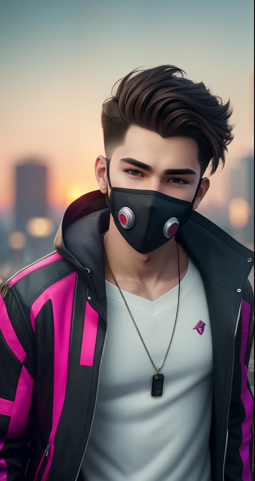 A handsome 18 years old boy with pump jacket and some bearded in his face, stylish hair, cyberpunk, ultra realistic, 8k, city in background, cute face, facemask,