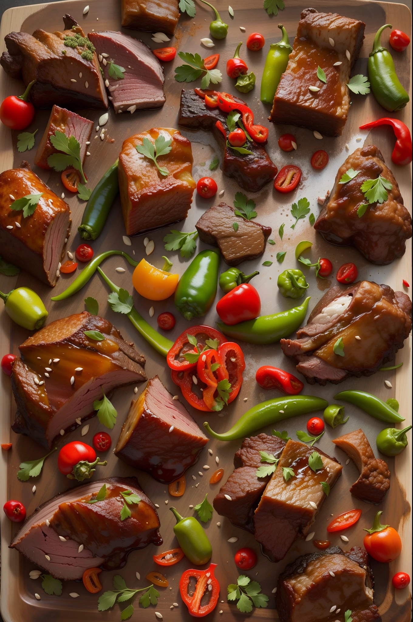 Braised beef,Green peppercorns,Red peppers,White sesame seeds,Shine,delicious,chili pepper,delicious,Very delicious,vibrant with colors,tmasterpiece,16k,UHD resolution,Detailed depiction,photorealestic,realisticlying,very realistic