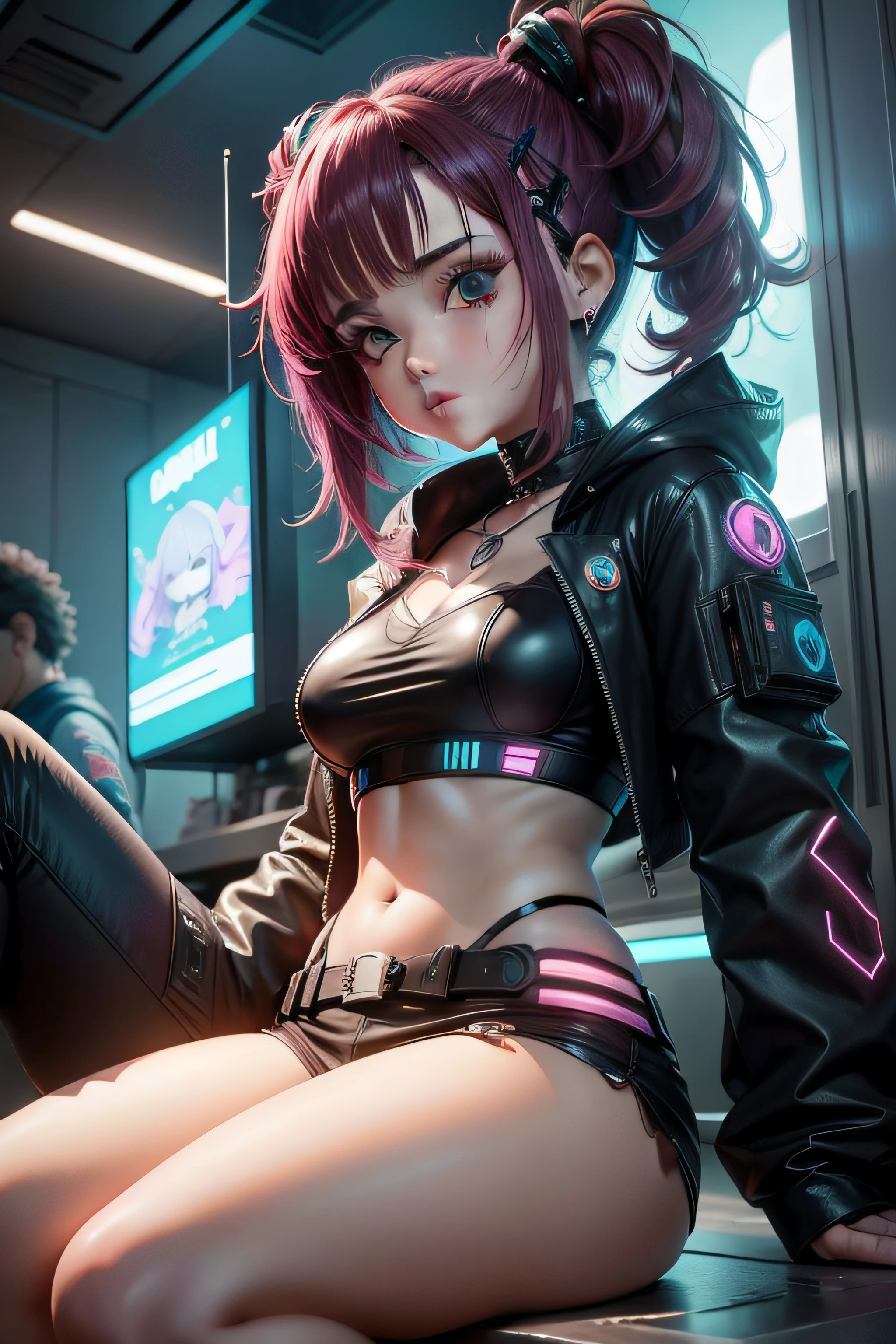 uma com peitos atraentre, e com coxas bonitas, em um estilo meio cyberpunk, so que anime
