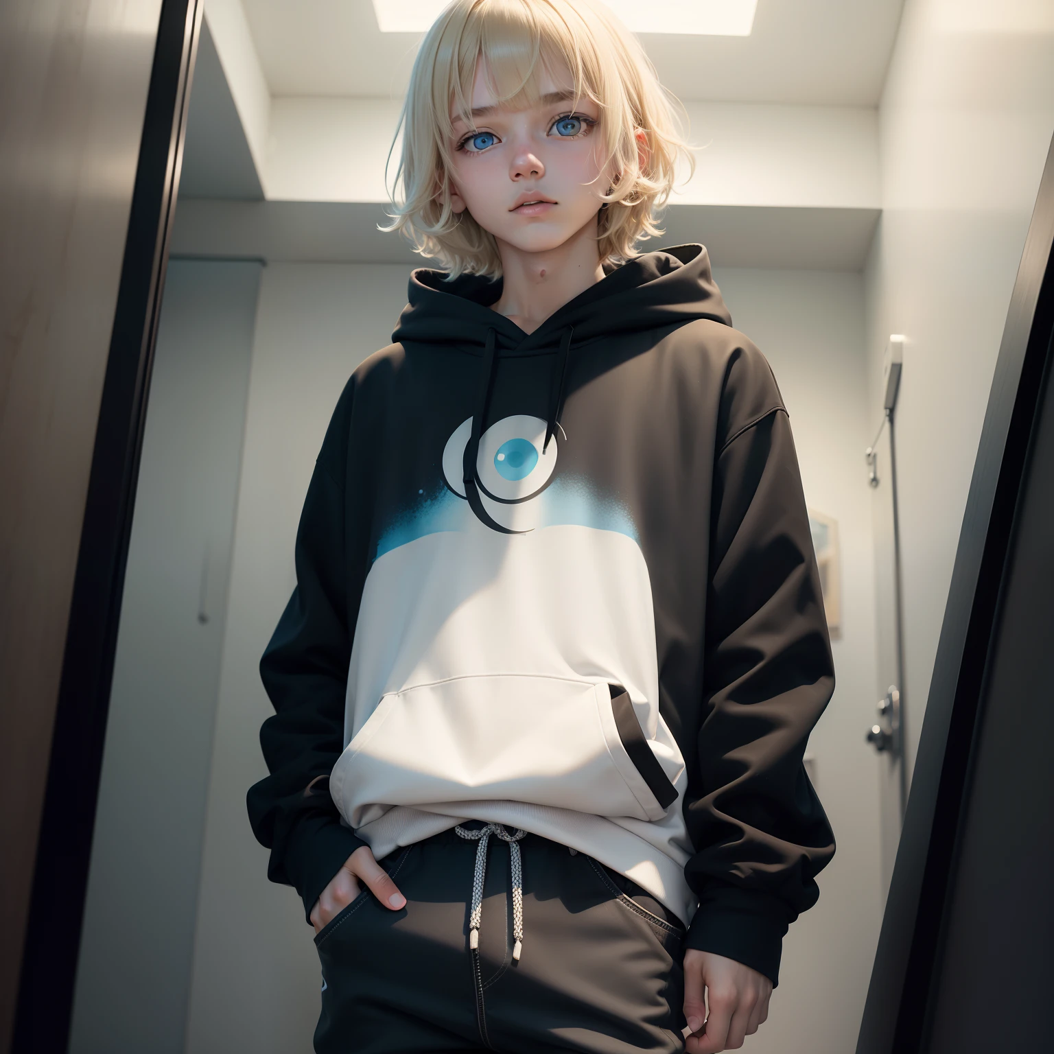 One Boy,Strands of hair(Bob Hair,Untrimmed bangs,a blond),(Eye color is light blue),Hoodies are black,skinny pants,is standing,high-level image quality,Viewer's Eye Line,Realistic