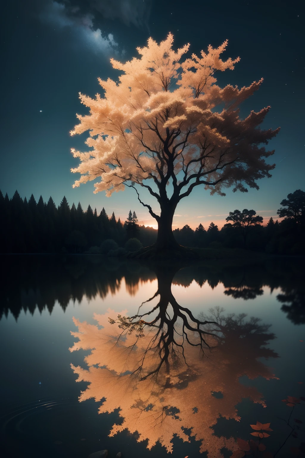 An imposing tree with branches adorned by stylized leaves, each containing sacred symbols from different spiritual traditions. The tree's canopy merges with a starry sky, enquanto um riacho abaixo reflete o firmamento. The tree symbolizes the connection between Earth and Heaven, And the creek creates a sense of serenity and duality between the sky and its reflection in the water.