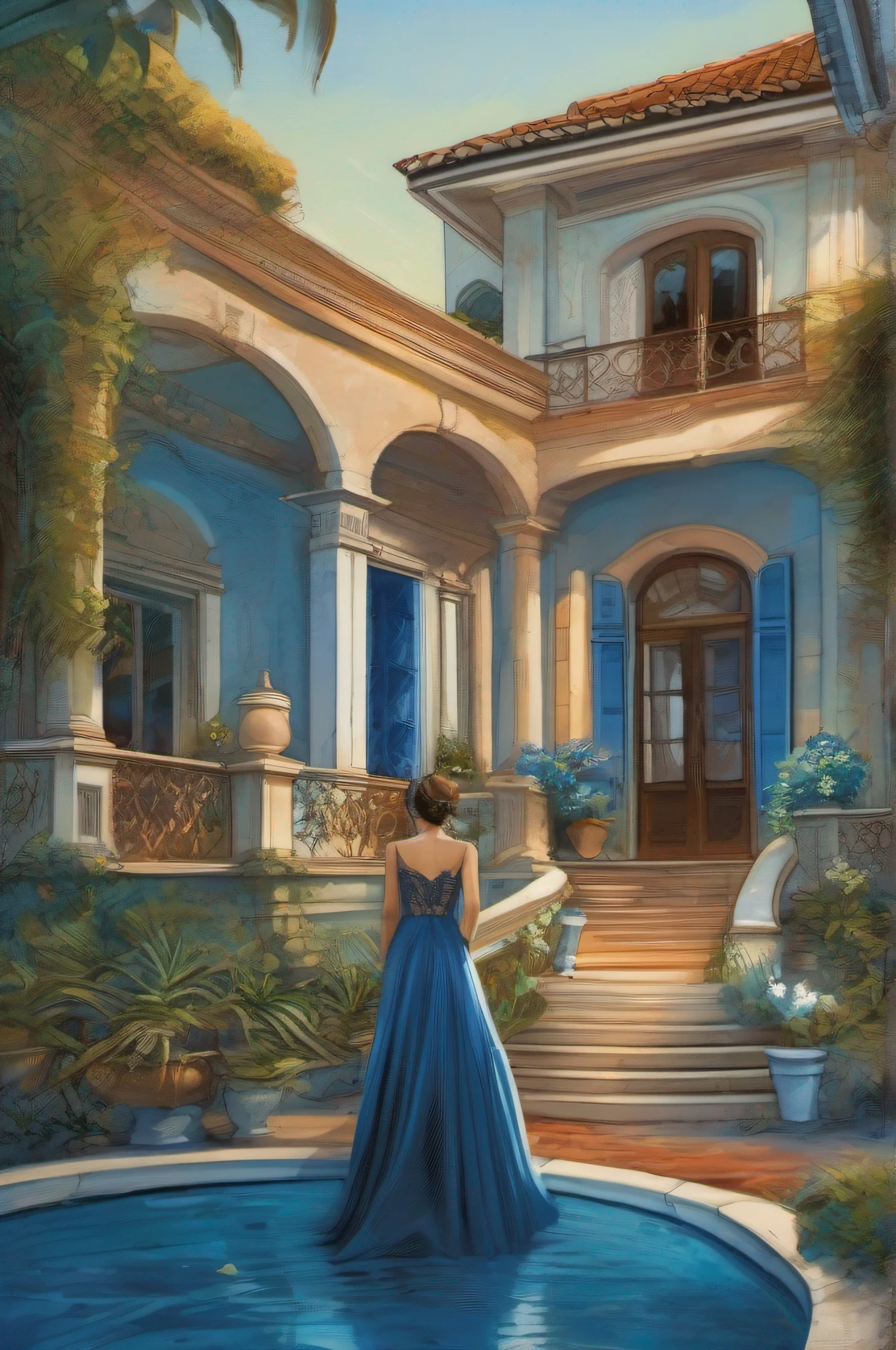 The illustration depicts Ray San Oliver, elegante em seu vestido azul, explorando casas luxuosas em meio a jardins e vistas deslumbrantes. No canto superior, A seaside mansion shines. No canto inferior, Morro Dois Irmãos is dark and chaotic, with police and ambulances.