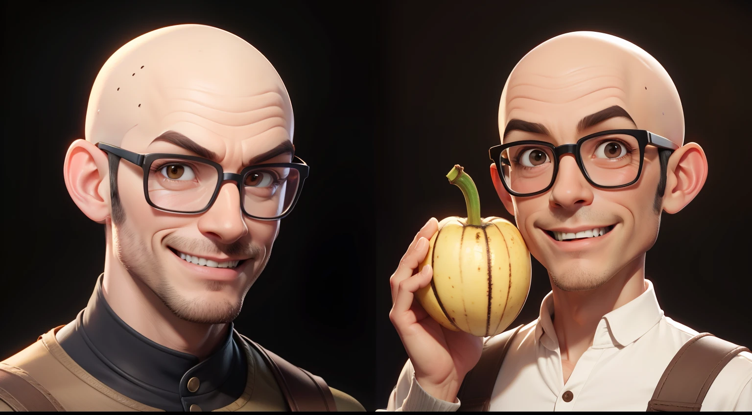 bald man, no hair , wearing glasses, no beard, brown clothes,happy face,peeling a banana fruit,white background,style of a Disney Pixar cartoon