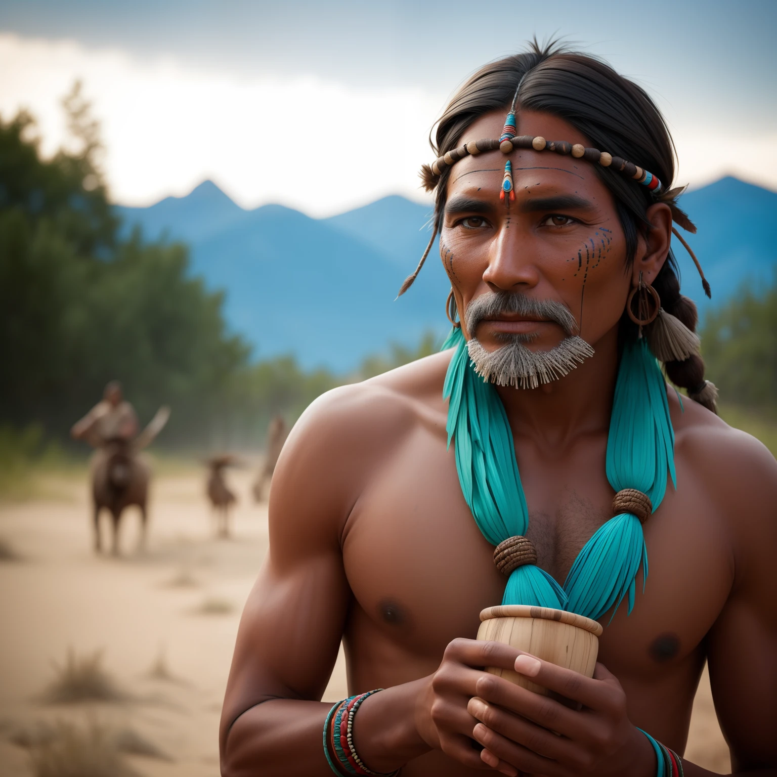 Create a hyper-realistic image of an indigenous shaman in a headdress with several seed necklaces holding a small rustic brown wooden cup with a very clean and shaven face with indigenous paint on the face.
