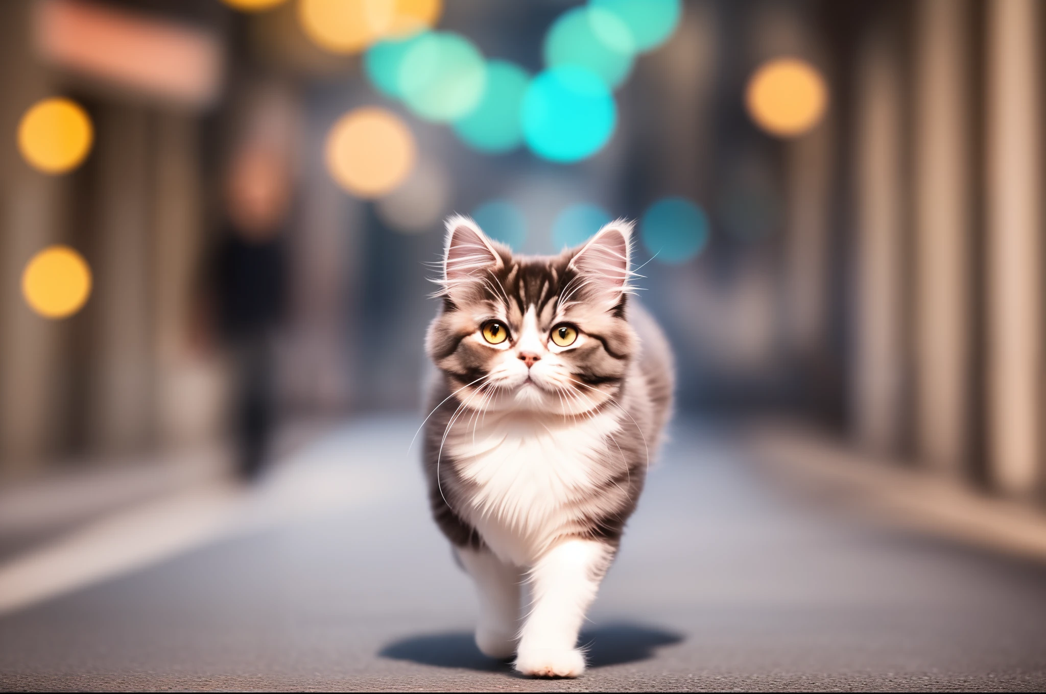a furry Persian cat walking in the ultra lightning street road, realistic, volumetric lighting ✨️, lens blur in background, --auto --s2