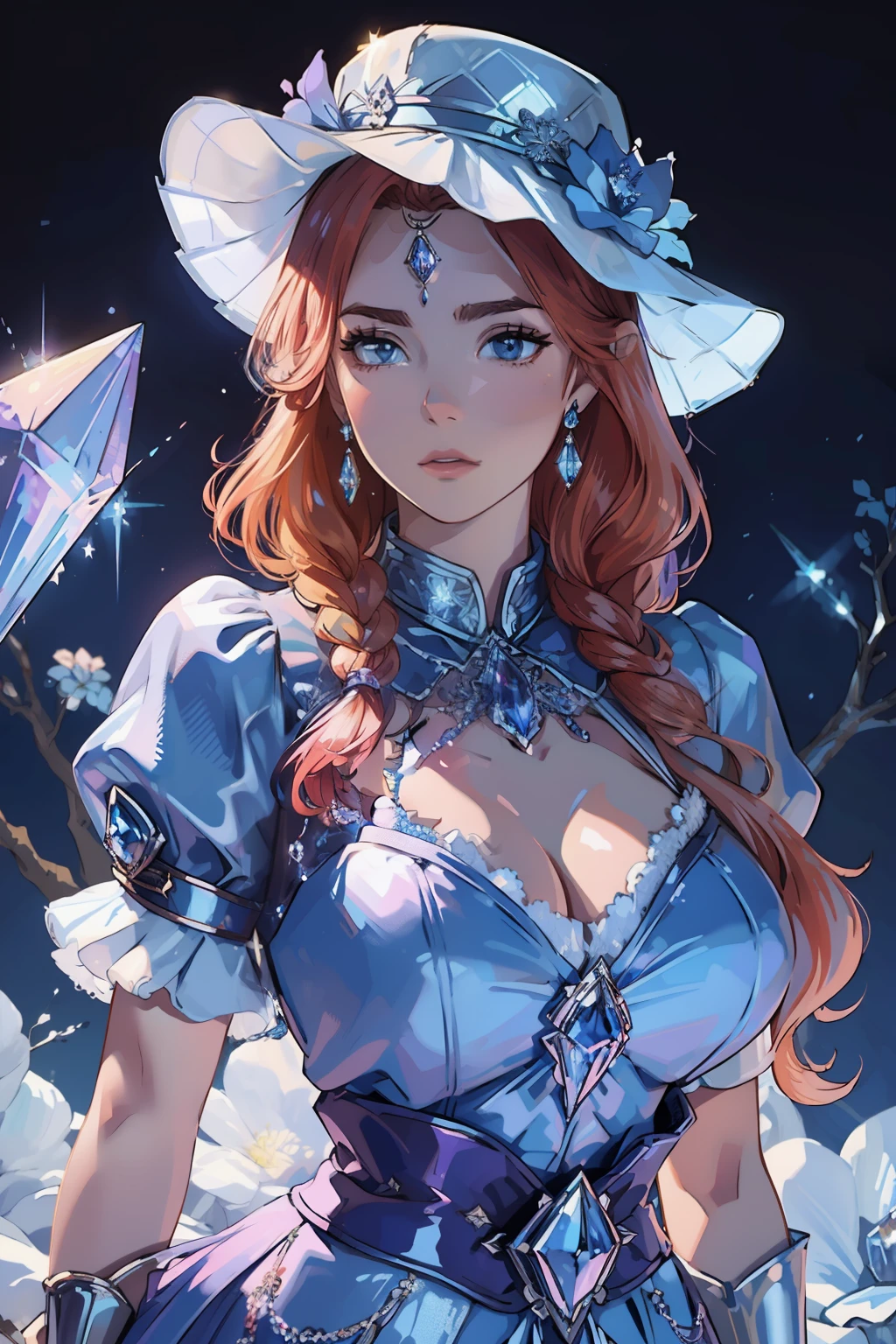 Bust of a beautiful noble maiden，Redhead elegantly coiled，(((Huge crystal on the chest)))，（(Wear a big skirt(blue colors)bucket-hat))，Purple clear eyes，The hair is covered with beautiful and delicate floral craftsmanship, Crystal jewelry filigree，jewelry，Ultra-detailed details