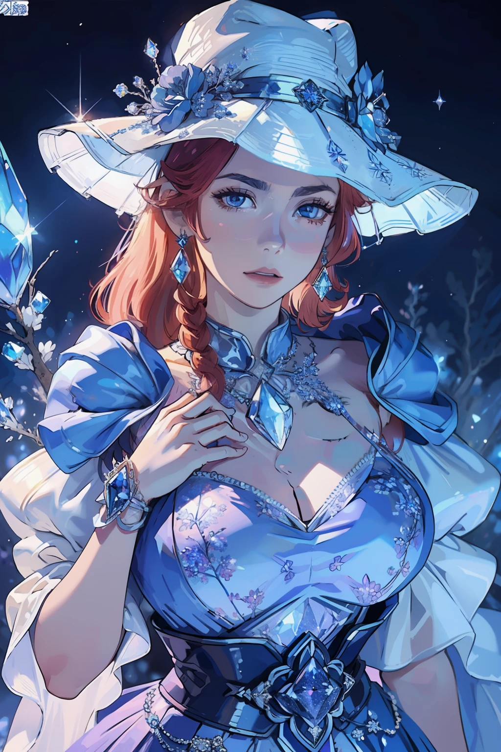 Bust of a beautiful noble maiden，Redhead elegantly coiled，(((Huge crystal on the chest)))，（(Wear a big skirt(blue colors)bucket-hat))，Purple clear eyes，The hair is covered with beautiful and delicate floral craftsmanship, Crystal jewelry filigree，jewelry，Ultra-detailed details