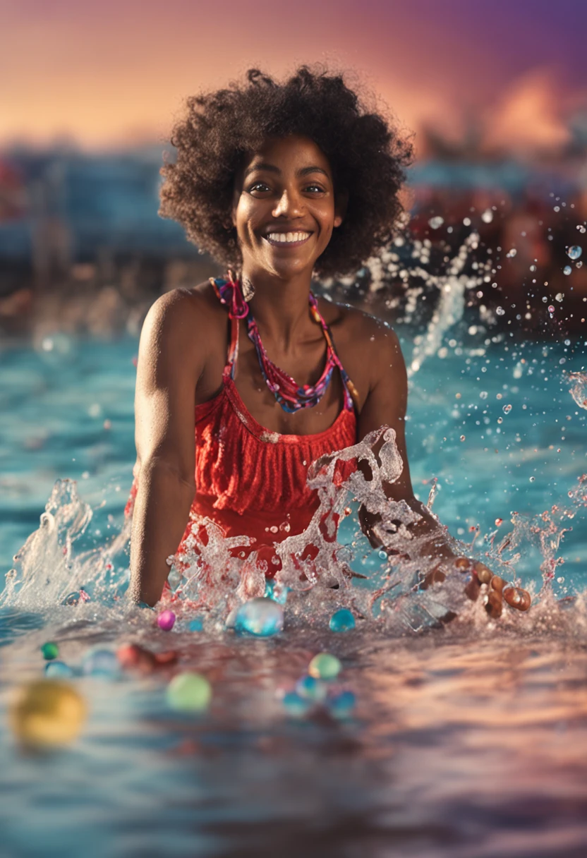 1garota linda, Maga manipulating water with his hands, water floating in bright bubbles, multi-layered clothing, clothes with decorations wearing jewelry, expression of innocence and joy
