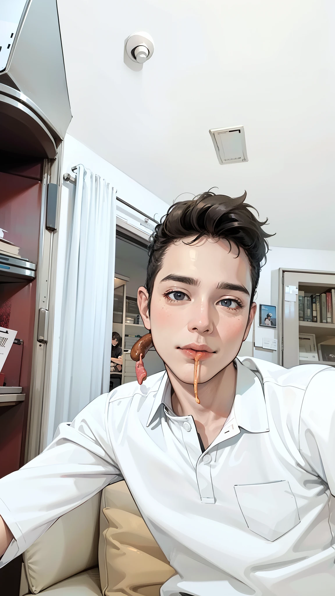 A man in black short sleeves, sitting on sofa with office in the background, eating sausage, 4K, high resolution