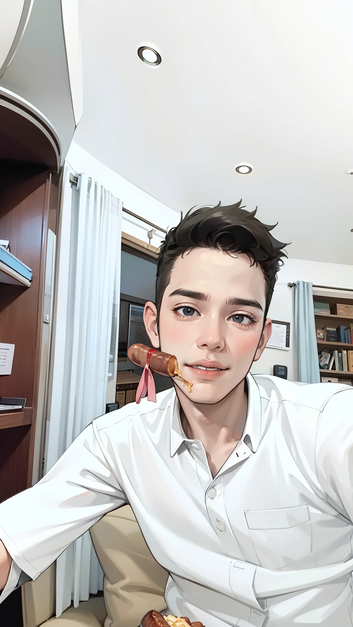 A man in black short sleeves, sitting on sofa with office in the background, eating sausage, 4K, high resolution