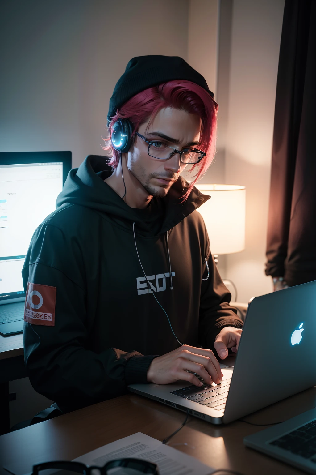 um homem em uma sala cyberpunk trabalhando em Laptop, Fotografia 8k, 50mm f/1.8 lentes, luz natural, nigth hora, alto contraste, studio illumination, nigthlight entrando. fotografia profissional, quarto escuro, neon vermelho de uma casa, mesa do computador, Redfones, home office, um homem vestindo um moletom preto com capuz, Usando fones de ouvido