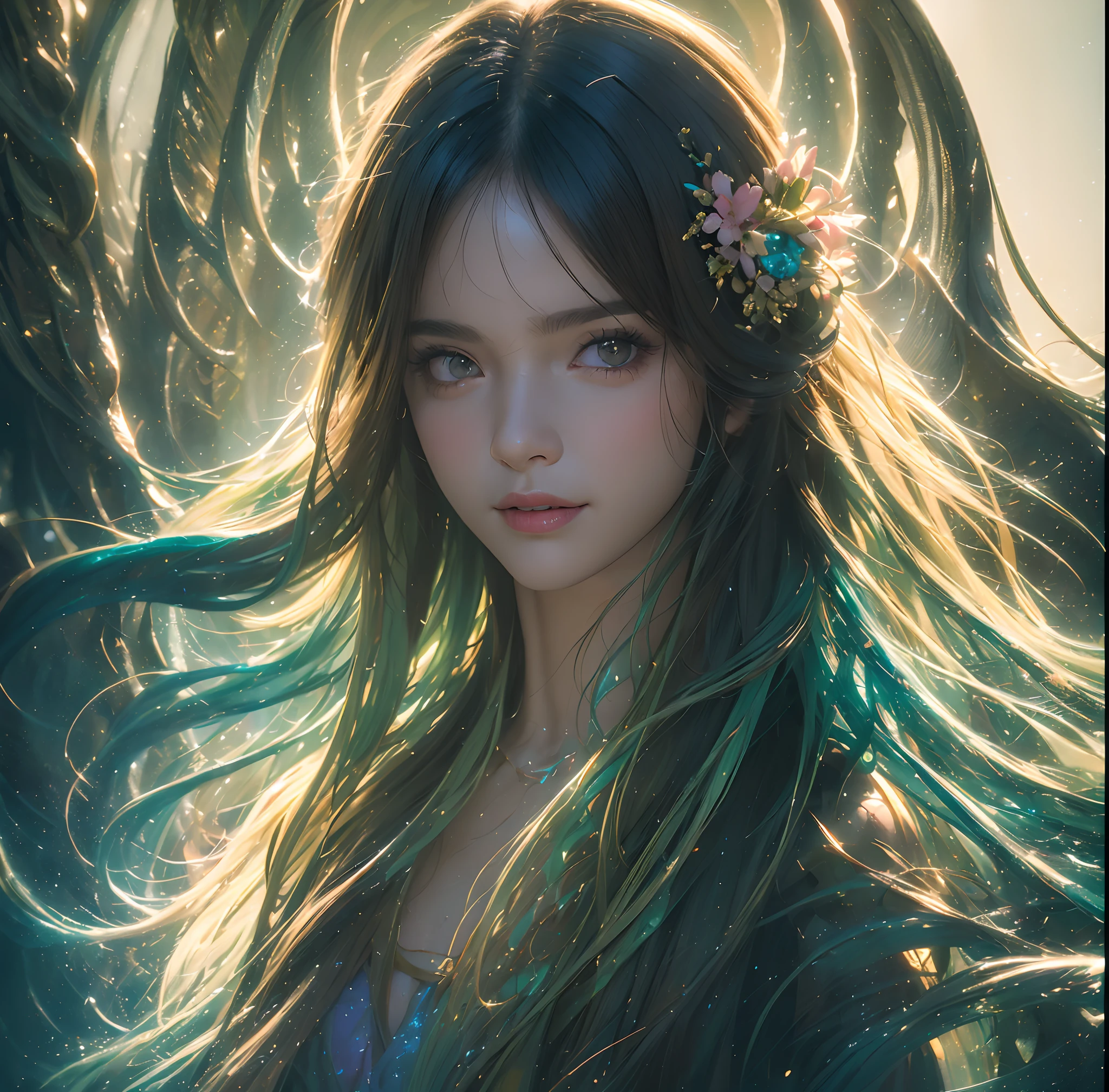 (front focus), (in the dark:1.6), Hyperrealist portrait of female by david hockney and alphonse mucha, fantasy art, photo realistic, dynamic lighting, artstation, poster, volumetric lighting, very detailed faces, 4 k, award winning, 1girl, in the dark, deep shadow, low key, cowboy shot, (official clothing:1.4), long hair, white hair, smile, ultra detailed skin,