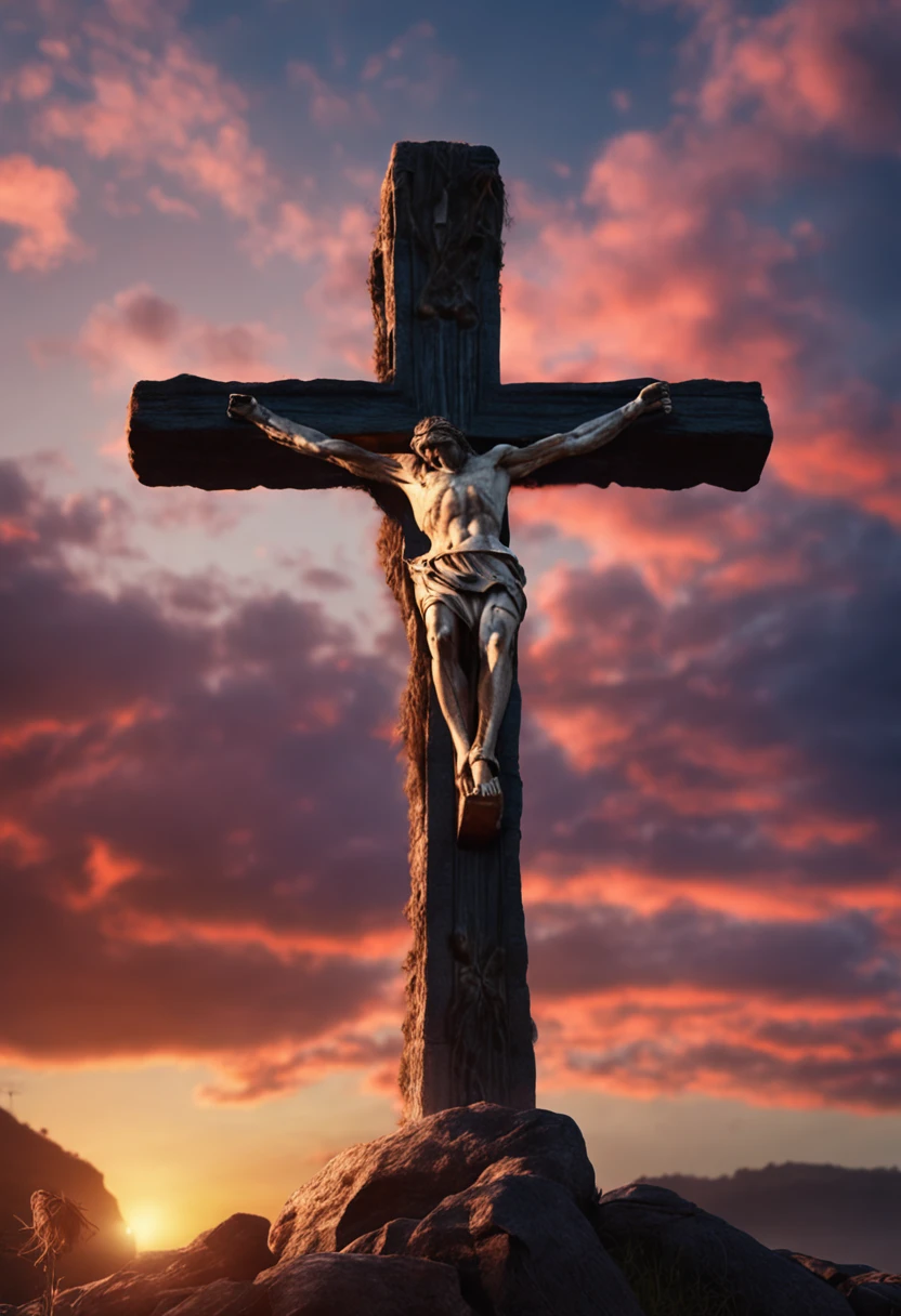 Jesus on the cross, image with many details, thorns, small shoots of roses, Jesus with many details on the skin, muscles defined by malnutrition, blurred background, many details on the cross and the ground, hyper realistic style, ultra realistic