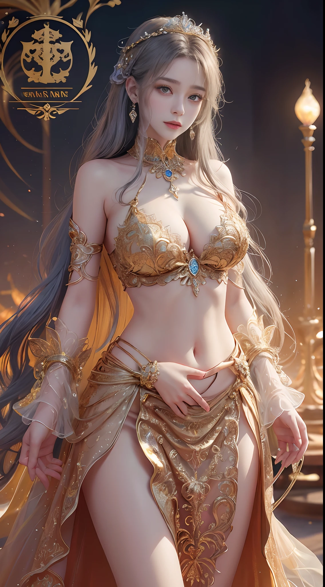Woman in a golden transparent dress,view the viewer,(((Huge breasts, Large cleavage))),Slim waist,(navel baring,Bare waist), Long hair, Ultra-detailed details,High-end Zhenyi station, Rainstorm site, detailed fantasy art, Stunning character art, Beautiful and exquisite character art, Beautiful gold and silver armor, Extremely detailed, Girl in shiny armor, Exquisite tiaras and jewelry,Crystal jewelry filigree, milky ways, Stunning visuals, (dynamic streaks, light tracks:1.2), Vibrant colors,
