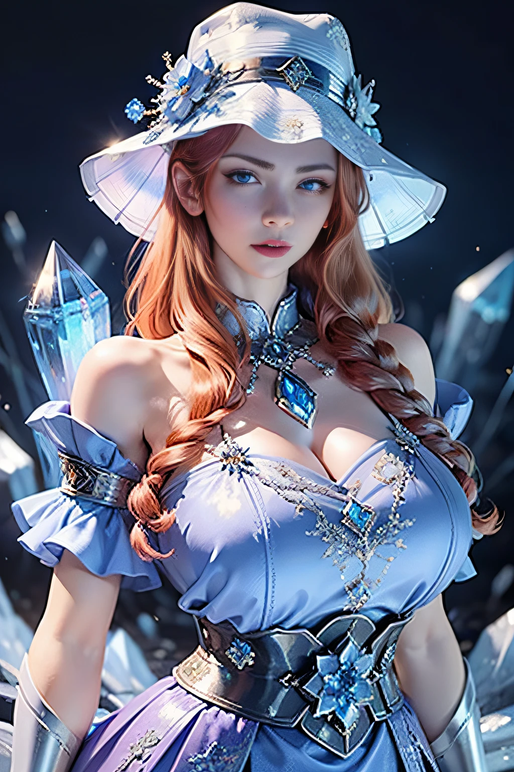 Bust of a beautiful noble maiden，Redhead elegantly coiled，(((Huge crystal on the chest)))，（(Wear a big skirt(blue colors)bucket-hat))，Purple clear eyes，The hair is covered with beautiful and delicate floral craftsmanship, Crystal jewelry filigree，jewelry，Ultra-detailed details