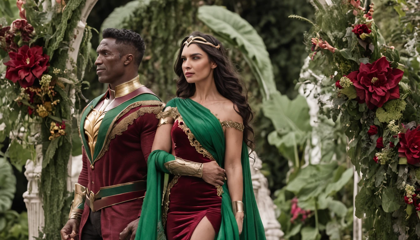 /imagine prompt: The Incredible Hulk and Wonder Woman's Wedding, the two towering figures stand under a grand floral arch, Hulk's green skin contrasting with Wonder Woman's vibrant armor, surrounded by a lush garden filled with mythical creatures, radiating an atmosphere of love and celebration, Illustration, watercolor and ink on paper,