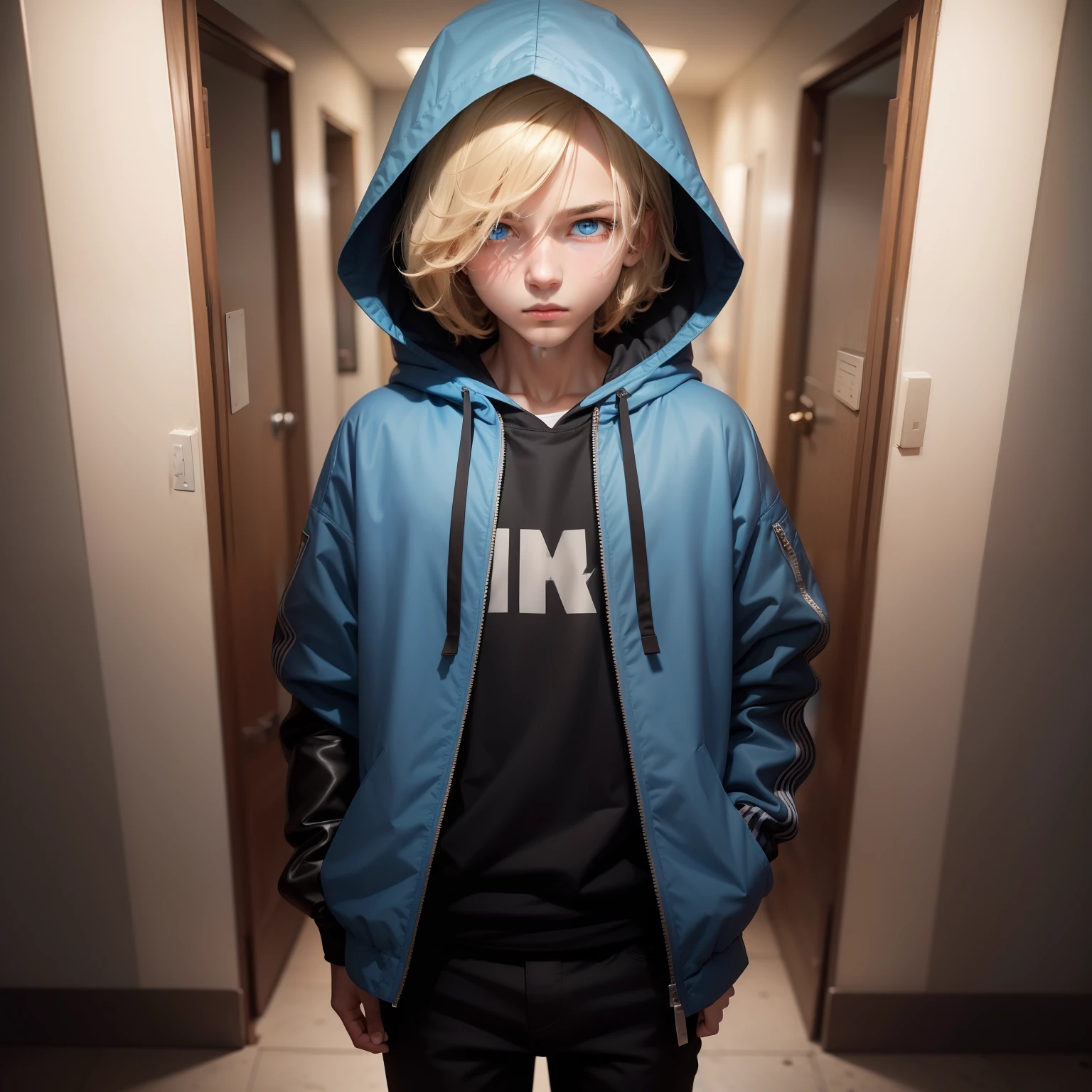 One Boy,Strands of hair（Bob Hair,Pubic hair black,a blond）,（Eye color is light blue）,hooded jacket,skinny pants,is standing,high-level image quality,Viewer's Eye Line,Realistic,Will