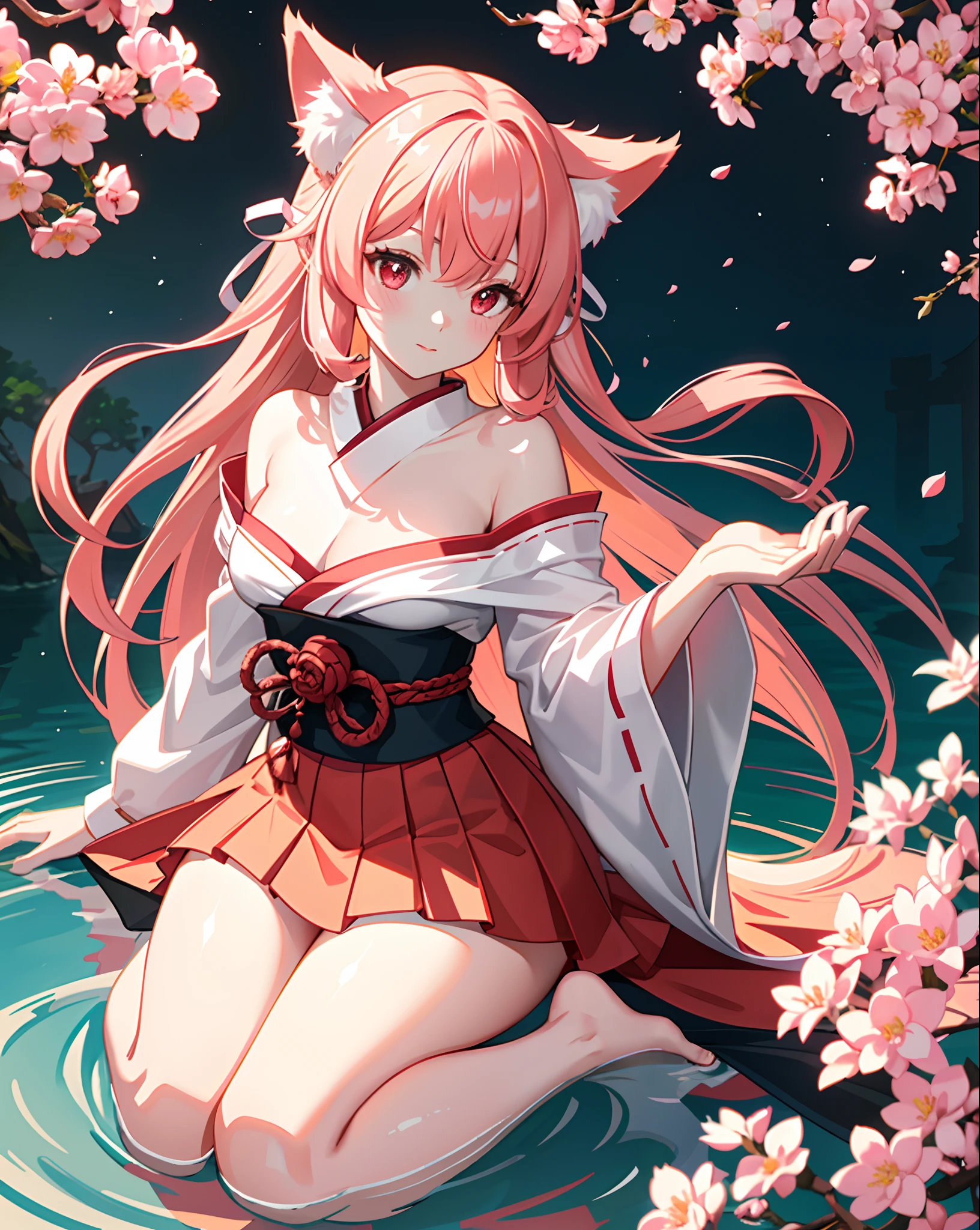 1 girl, The Nine-Tails, japanese clothes, Rory, red fox, red and white, shrine, Super cute face, nine tails, thick, high definition, Cherry Blossom Forest, Glowing (extremely detailed CG unity 8k wallpaper), (Masterpiece), (Best Quality), (Ultra-detailed), (Best illustration),(better shadow), (extreamly delicate and beautiful), Dynamic Angle, Floating, finely detail,rose hair, hairlong, pink eyes, fox pink ears