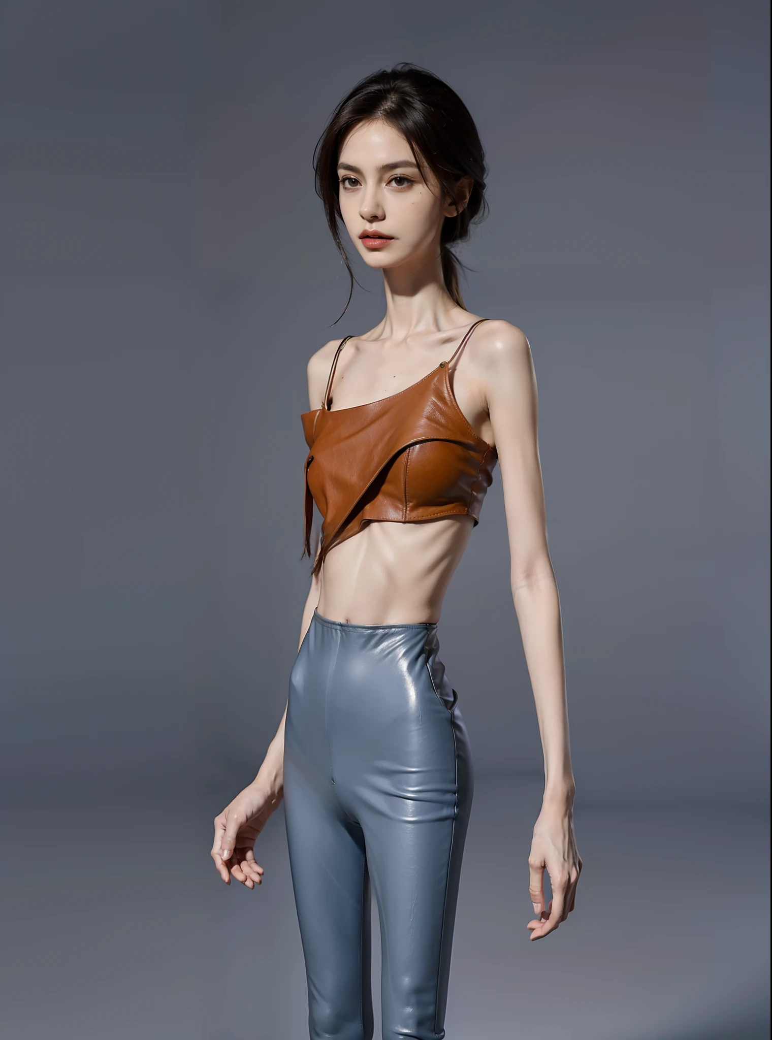 flatchest,Skinny,The ribs are obvious,hunger,Protruding pelvis,Thin,The collarbone is prominent,Very thin figure,tight leather pants,tight leather clothes,femele,big breasts thin waist,Thin leg,haggard