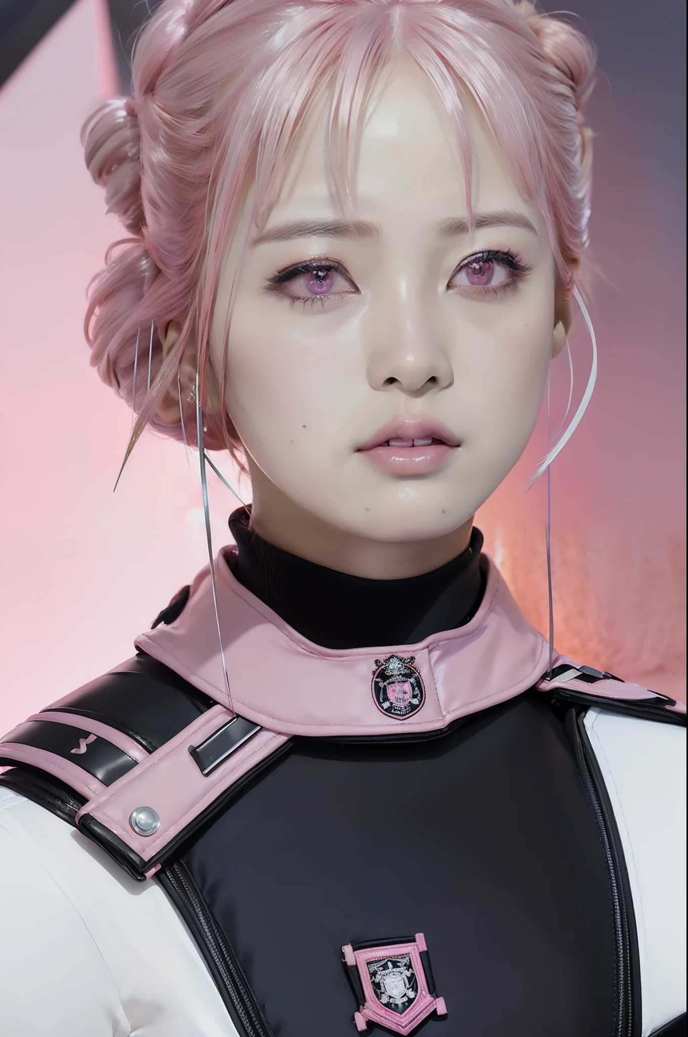 Top Quality, Ultra High Definition, (backlight), (Photorealistic: 1.4), (close up:1.6, focus on face), 1 Beautiful Girl, (Kpop Idol), Detailed Face, (Hair Pink:1.3, full-bang, updo Hair:2), Contrapposto, Smooth Skin, Perfect Anatomy, Professional Lighting, ((wearing Futuristic Police Rush guard, police wappen, High-tech Headset, military harness, racing gloves, handgun)), ("POLICE", Cloths based on silver pink black white), (background, (Audience Coming close), crashed cars, fire, (Explosion)),