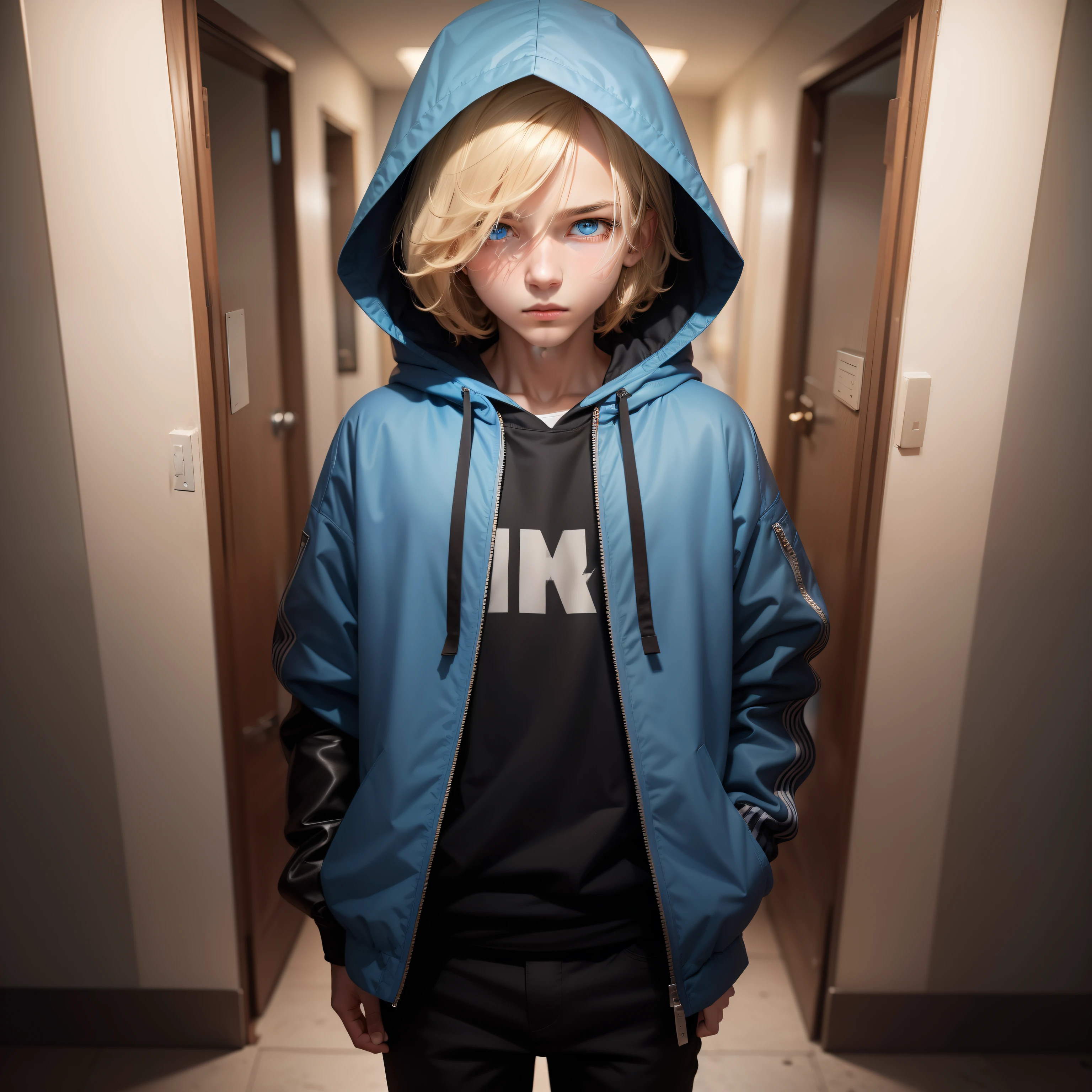 High resolution, masterpiece, The best quality at its best,最high quality,high quality, Height Details, One person, Shota, blonde, Orange hoodie with red stripes, Sleeveless hoodie, Open the zipper, BDSM, Tie your wrists, (Very young), (Very small and short body), S, good looking, Sweat