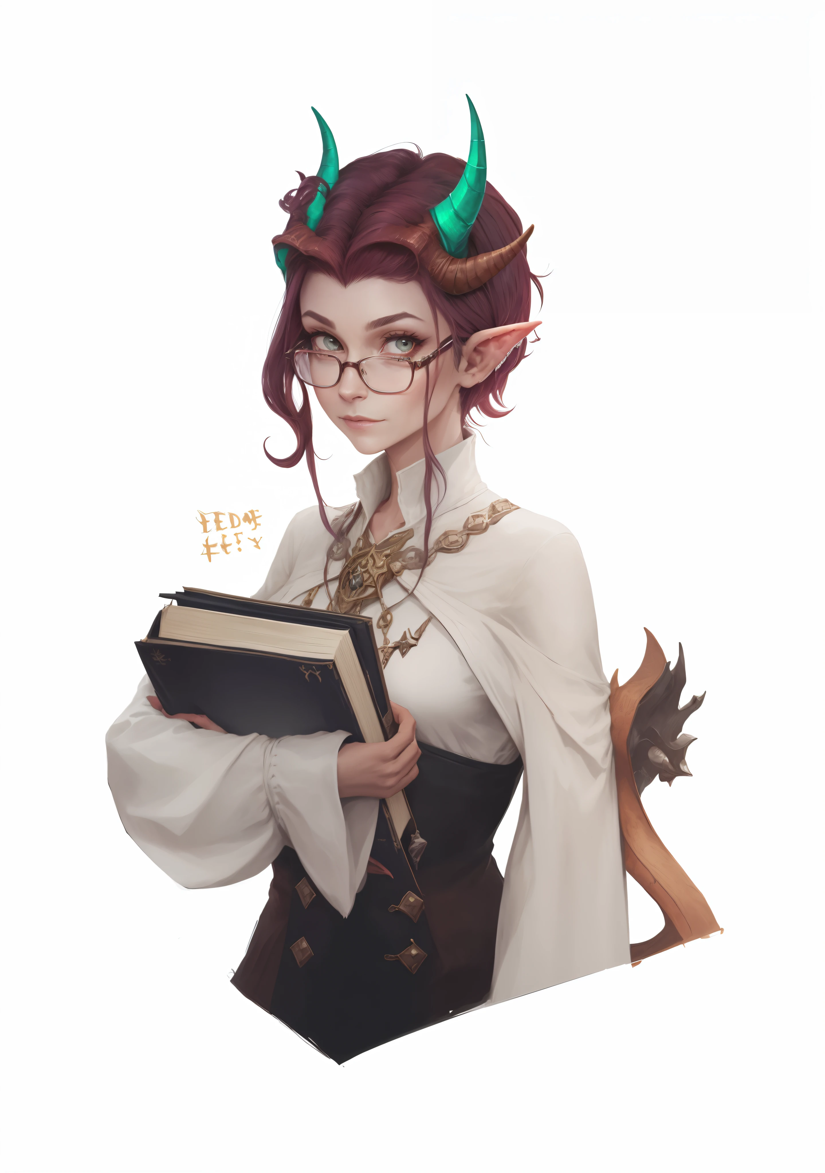 a close up of a person holding a book with horns on it, librarian, rpg book portrait, as a dnd character, dnd portrait of a tiefling, the librarian, as a d & d character, tiefling, alluring tiefling druid, dressed like a cleric, attractive tiefling druid, eldritch lovecraftian secretary