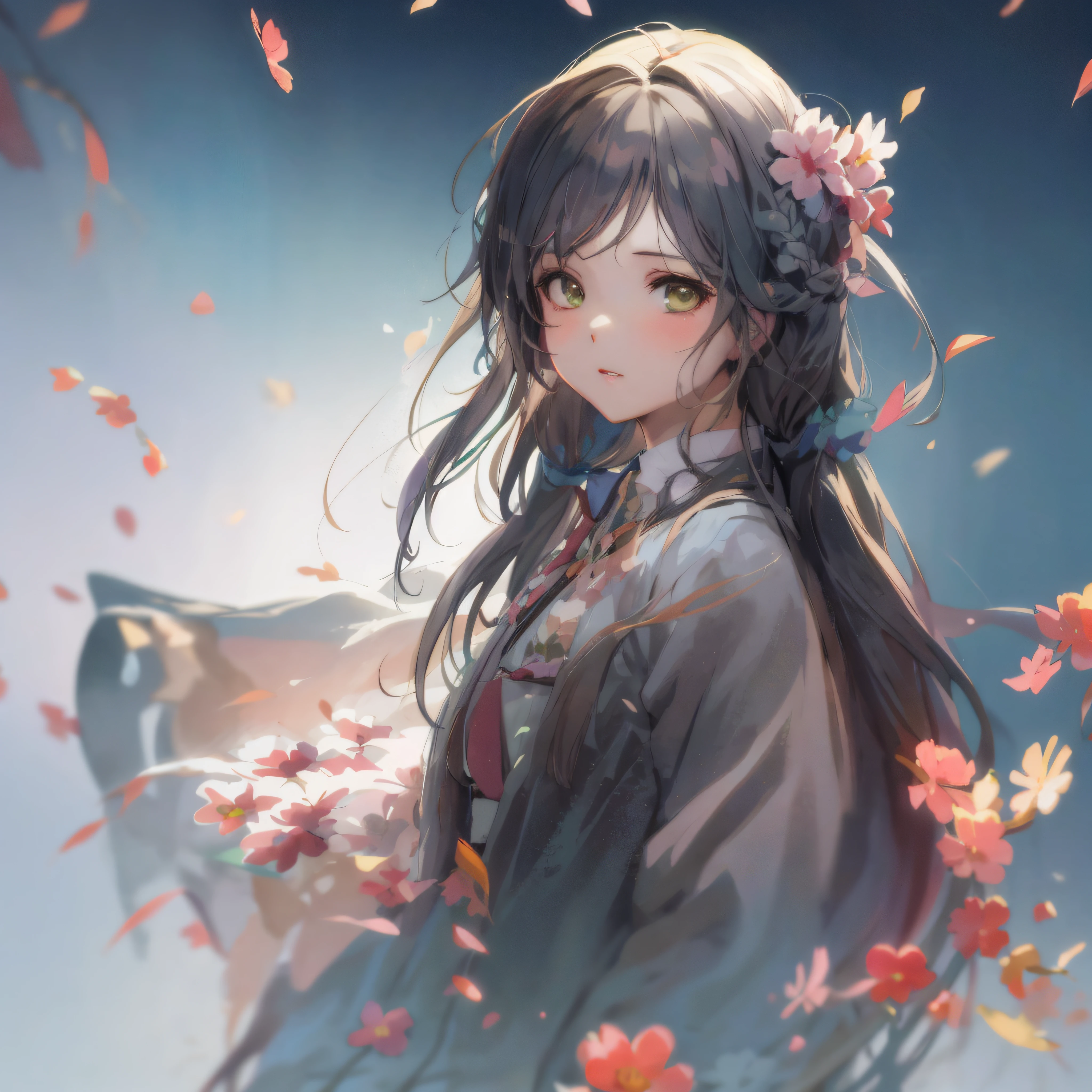 anime girl with long hair and flowers in her hair, style of anime4 K, Anime art wallpaper 8 K, Beautiful anime girl, Anime art wallpaper 4 K, Anime art wallpaper 4k, 4K anime wallpaper, Cute anime girl, a beautiful anime portrait, up of young anime girl, Anime wallpaper 4 k, Anime wallpaper 4K, Guviz, Anime girl with long hair, hanfu, simplicity, light green eyes, figure eight braid on the top of the head