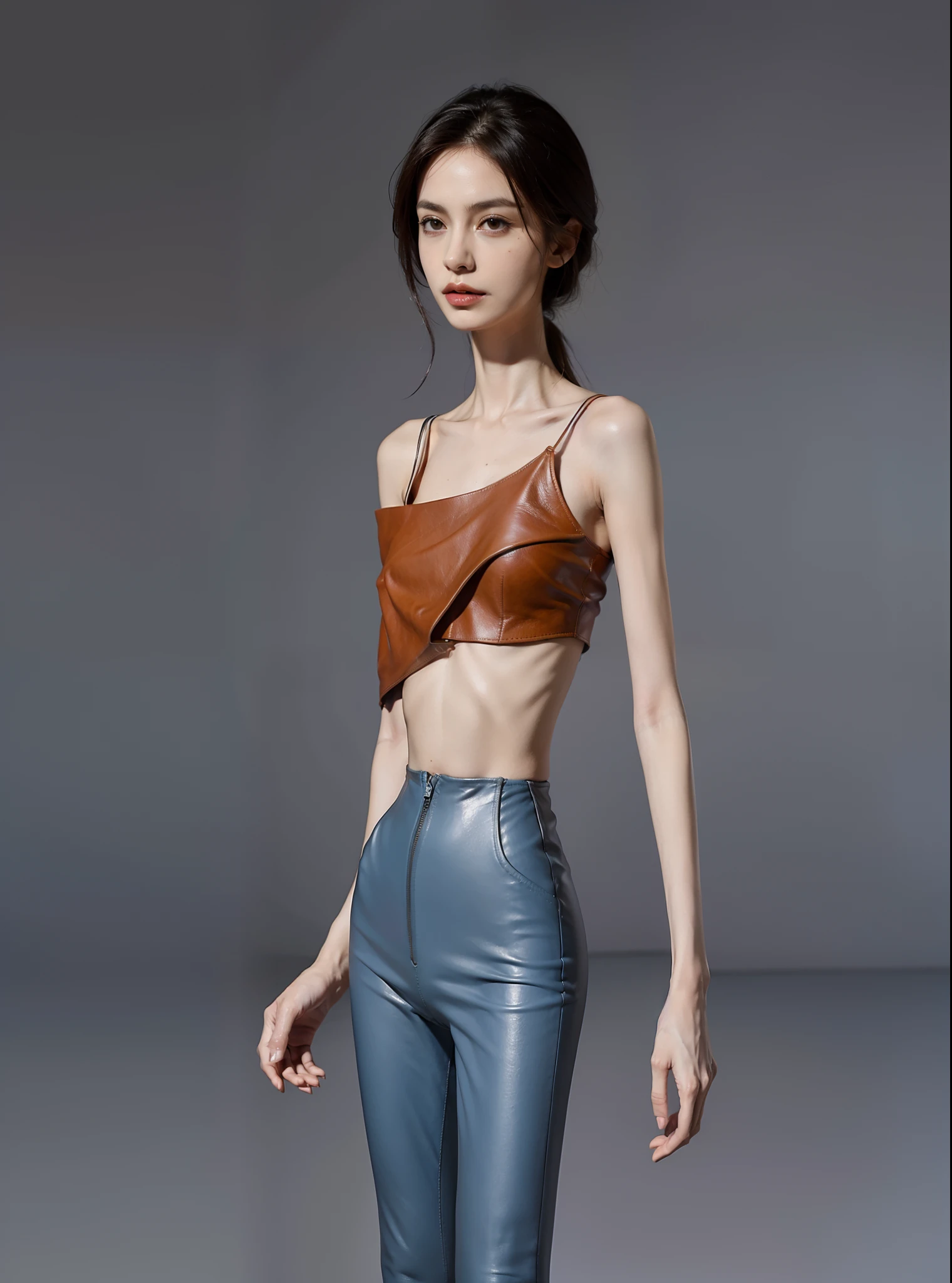 flatchest,Skinny,The ribs are obvious,hunger,Protruding pelvis,Thin,The collarbone is prominent,Very thin figure,tight leather pants,tight leather clothes,femele,big breasts thin waist,Thin leg,haggard