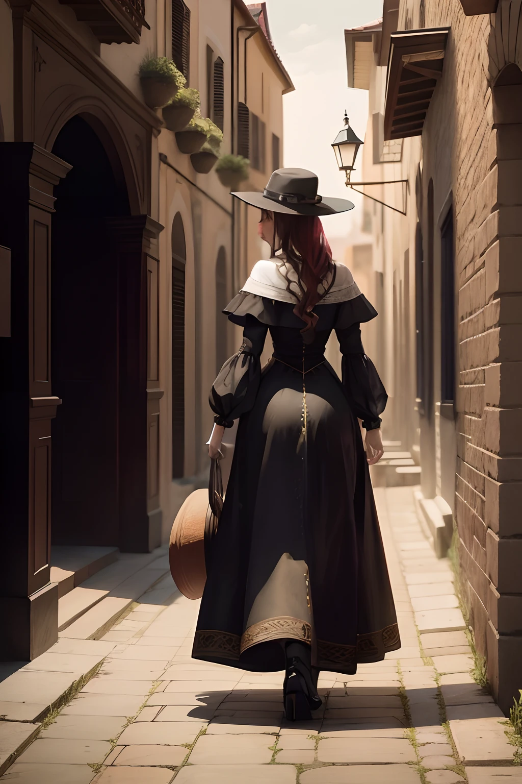 Woman in black dress and hat walking down a narrow street, gothic city streets behind her, Fantasy Style 8k Octane Rendering, (octan render) estilo fantasia, classical witch, CGSetivity 8K, CGSetivity 8K, CGSetalidade 8K, ancient city streets behind her, Arte no estilo de Guweiz, 8k arte detalhada de alta qualidade