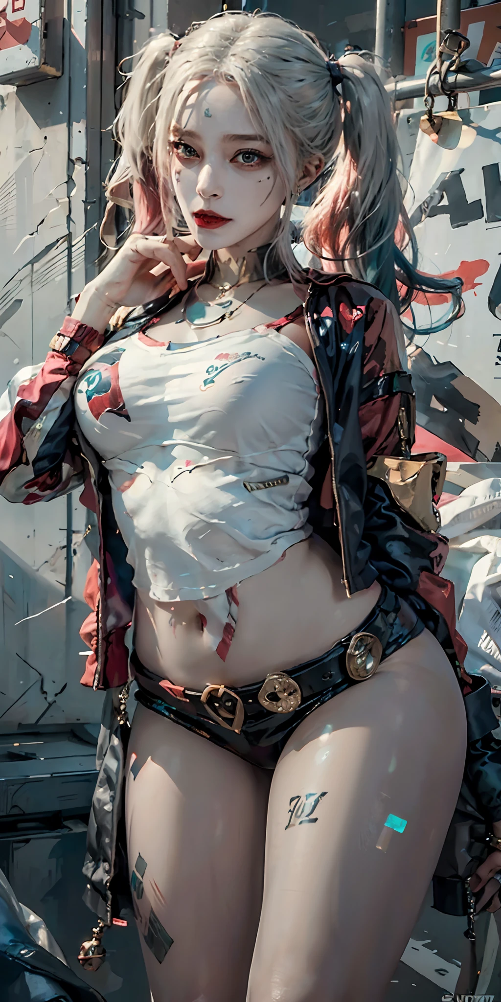 photorealistic, high resolution, soft light,1women, solo, hips up, (detailed face), jewelry, harley quinn, jewelry, tattoo
