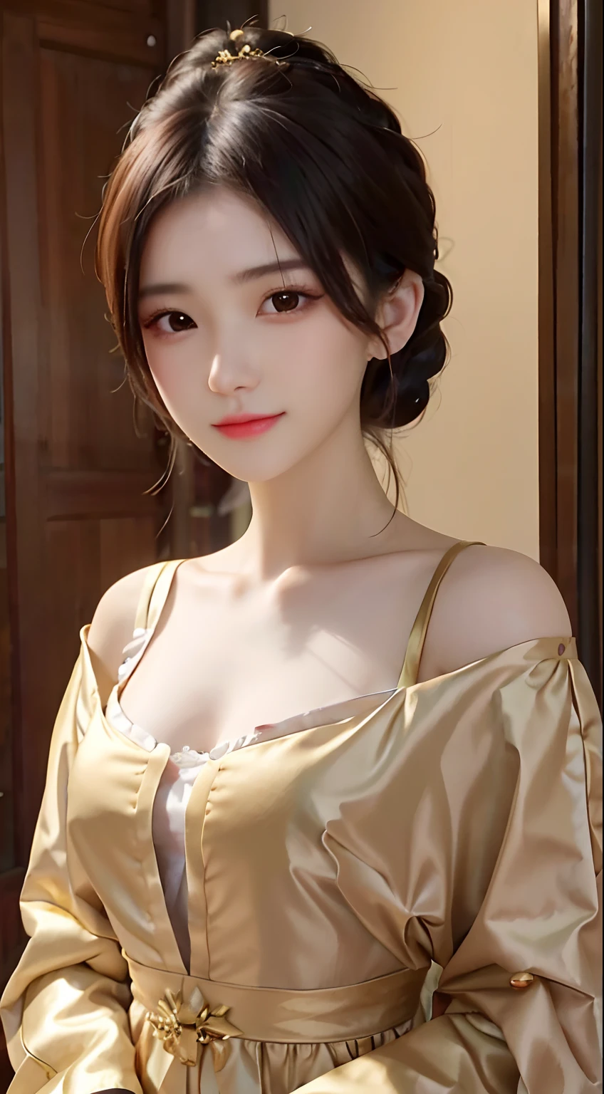a close up of a woman in a dress posing for a picture, gorgeous chinese models, Beautiful Asian girl, Chinese girl, Gorgeous young Korean woman, Beautiful asian woman, beautiful Korean women, Beautiful young Korean woman, Lovely woman, Japanese model, Korean girl, Asian girl, elegant gold body, cute delicate face, Japanese goddess, Traditional beauty, Gold bra
