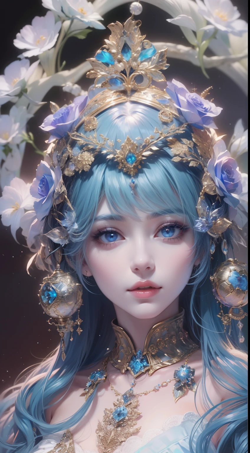 tmasterpiece，Highest high resolution，((magic orb))，Dynamic bust of beautiful aristocratic maiden，Blue hair is elegantly coiled，（(Wearing a huge flower crown))，Purple clear eyes，The hair is covered with beautiful and delicate floral craftsmanship, Crystal jewelry filigree，Ultra-detailed details，upscaled，The earth rises。