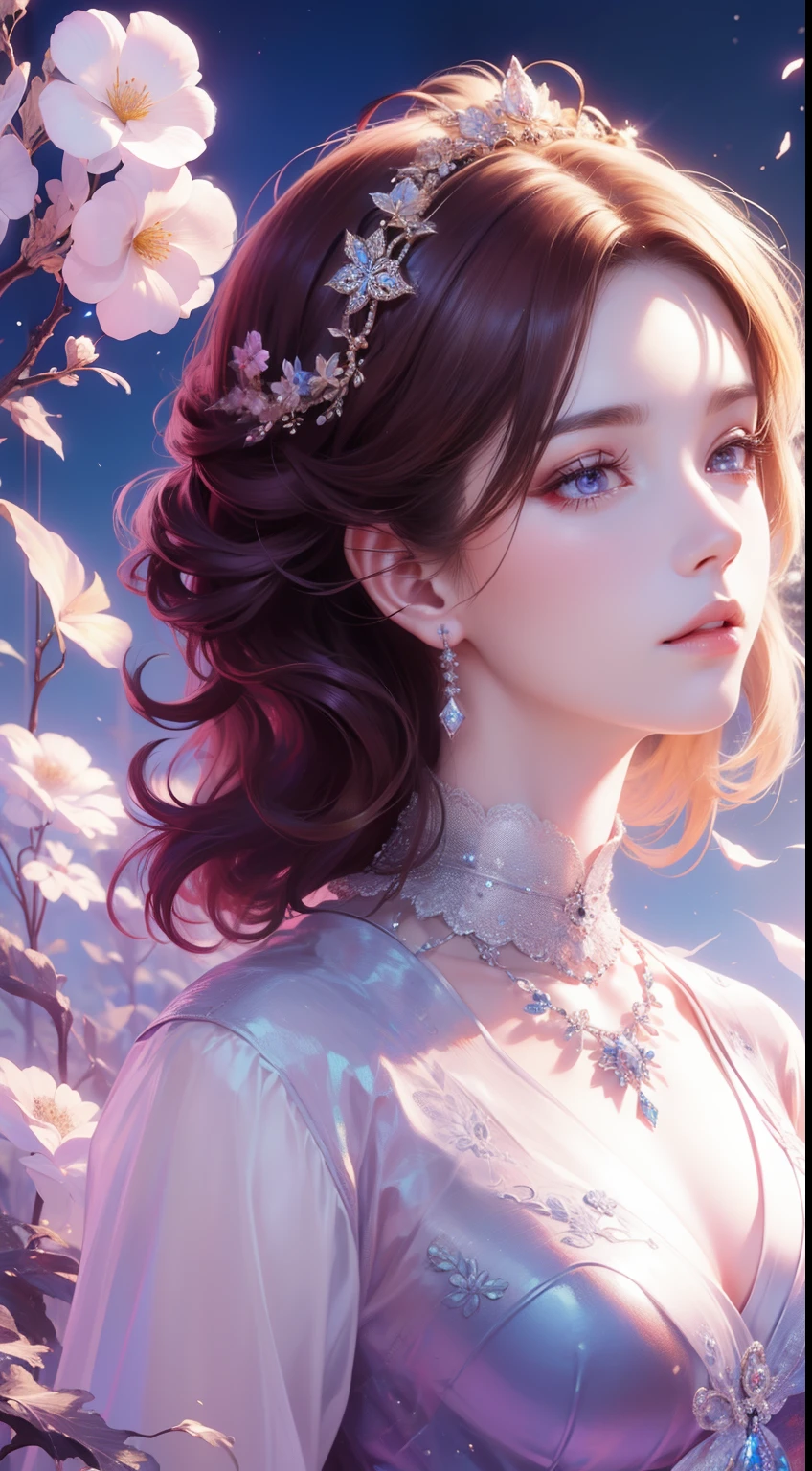 tmasterpiece，Highest high resolution，((themoon))，Dynamic bust of beautiful aristocratic maiden，Brown chestnut hair elegantly coiled，Purple clear eyes，The hair is covered with beautiful and delicate floral craftsmanship, Crystal jewelry filigree，Ultra-detailed details，upscaled，The earth rises。