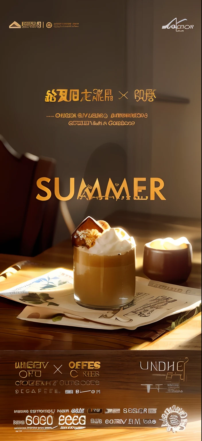 A close-up of a poster,There was a cup of coffee on the table, poster for ; Summer, Summer, On a summer night, chill summer, summer unreal engine 5, summertime, summertime, Summer feeling, Summer Street, Summer time, summer morning, Summer light, summer setting, summer weather, at summer afternoon, Summer rain, Magical summer, Summer evening, summer lighting,Divine sense top light,Cinematic lighting effects,The morning light shone on the table,best qualtiy,hyper HD