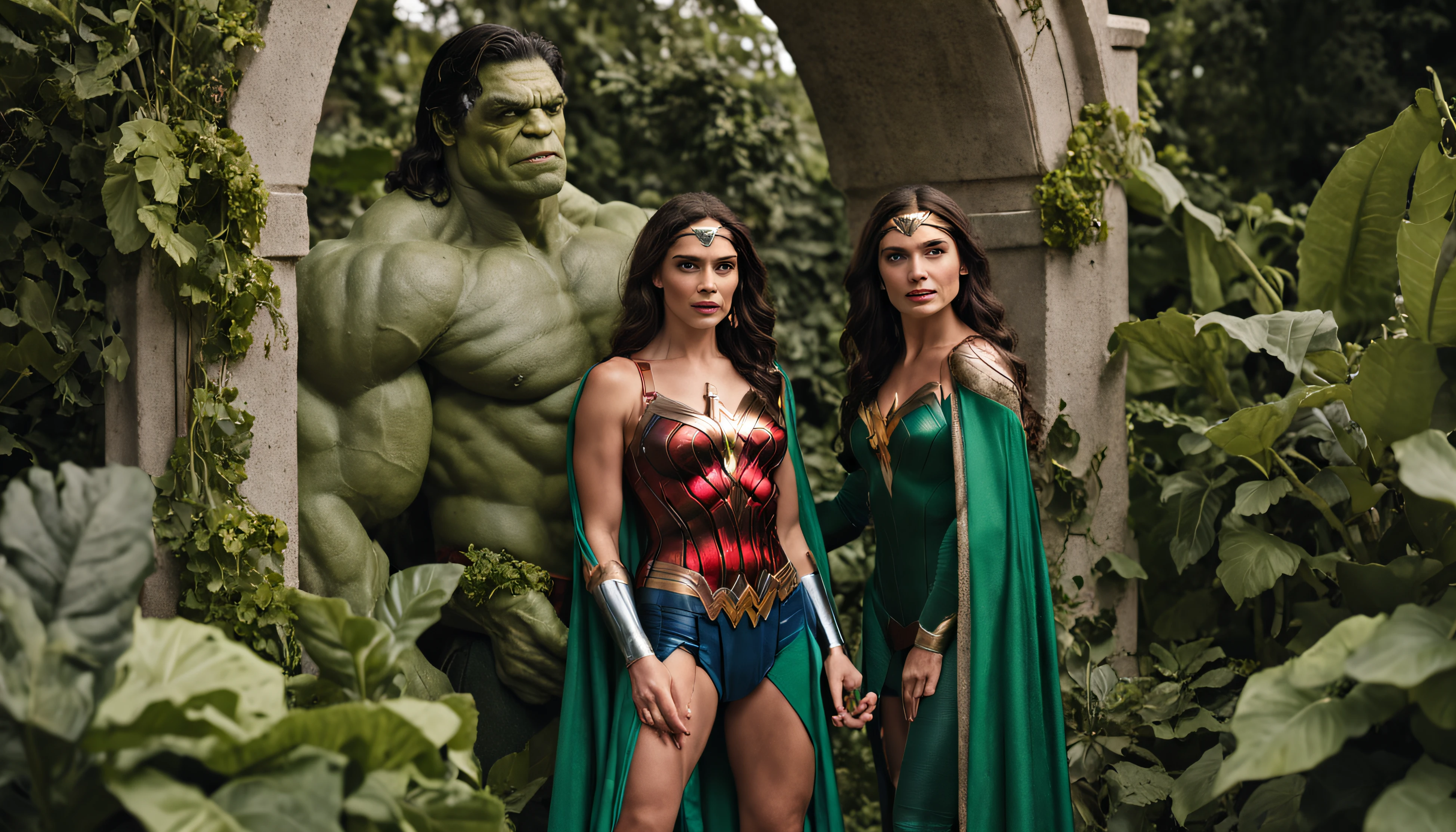 Wonder woman sitting on a chair while behind her a green aura girl in sexy enchantress green mini dress standing she is swinging pendulum hold by her hand in front of wonder woman eyes like a ( Hypnosis show)
( front view)