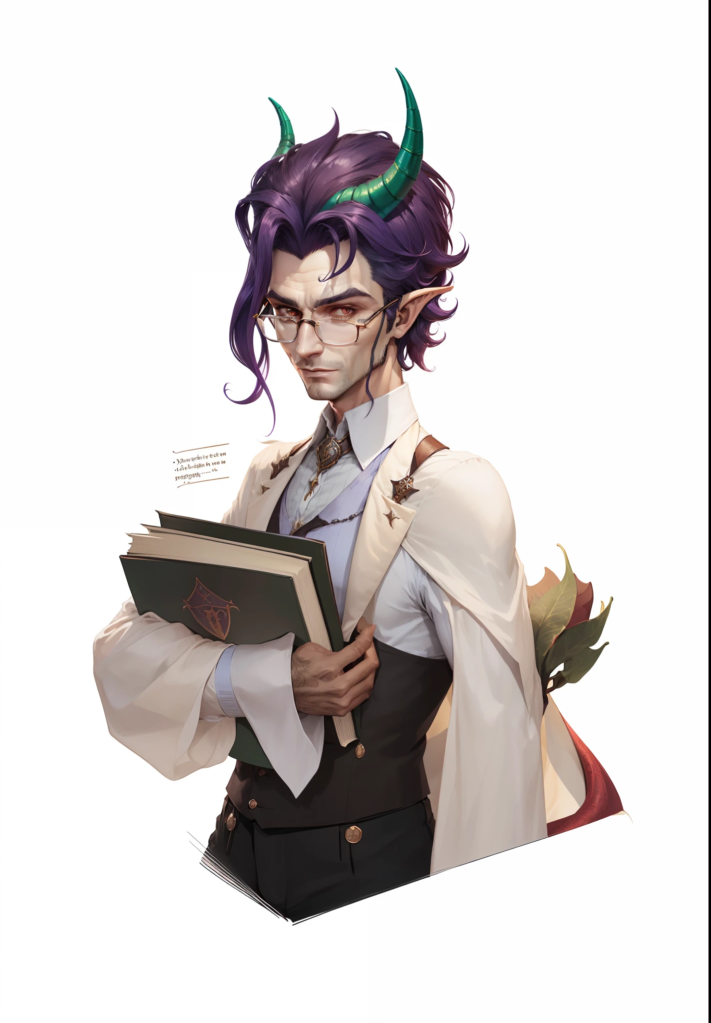 um close up de uma pessoa segurando um livro com chifres, Librarian, retrato do livro do RPG, como um caractere dnd, dnd retrato de um Tiefling, the librarian, como um d & Personagem D, Tiefling, sedutor druida Tiefling, dressed like a cleric, druida Tiefling atraente, Eldritch Lovecraftian Secretary Man Short Hair, masculo, homem com roupas masculinas, Homem adulto, Man with masculine traits